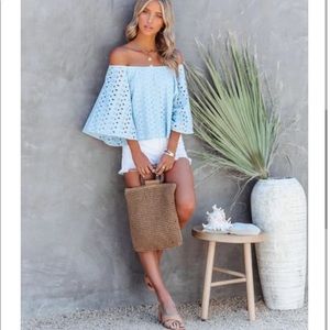 Off the shoulder light blue top